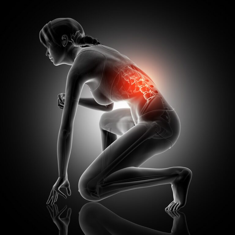 3D render of a female figure crouching with spine highlighted