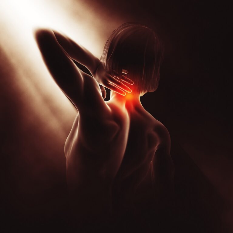 3D render of a medical image with female holding neck in pain